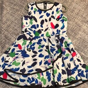 Zoe Ltd White Floral Paint-Brush Print Fit & Flare Dress with Black Trim